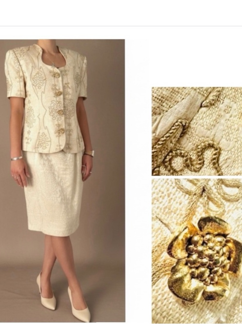 Vintage Écaille Paris Embellished Silk Wool Skirt Suit • Gold Cream
